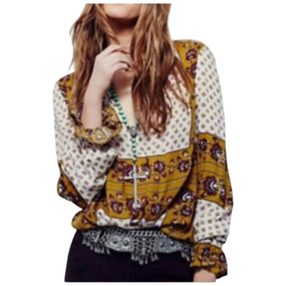 Free People Mustard and Cream Paisley Blouse